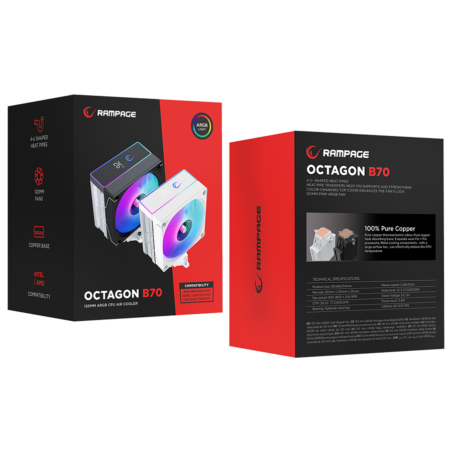 CPU hladnjak RAMPAGE OCTAGON B70 Black 63CFM 12cm ARGB Temperature Display AM5/LGA1700 Compatible Air Cooled CPU Fan, 42541 - Image 7