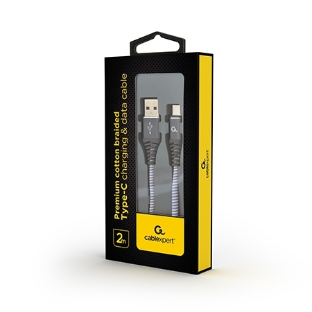 USB 2.0 kabl Premium cotton braided Type-C USB charging and data cable, 2m, spacegrey/white, GEMBIRD CC-USB2B-AMCM-2M-WB2 - Image 4
