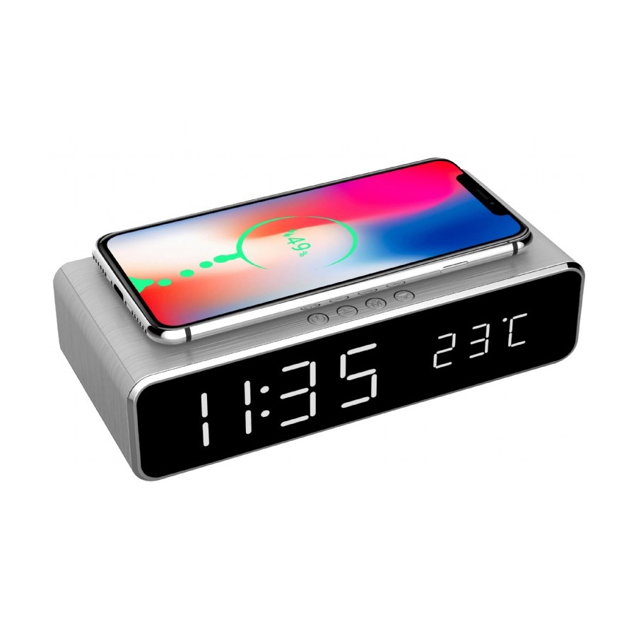 Digitalni sat sa wireless bežičnim punjačem za mobitel GEMBIRD, silver, DAC-WPC-01-S - Image 3