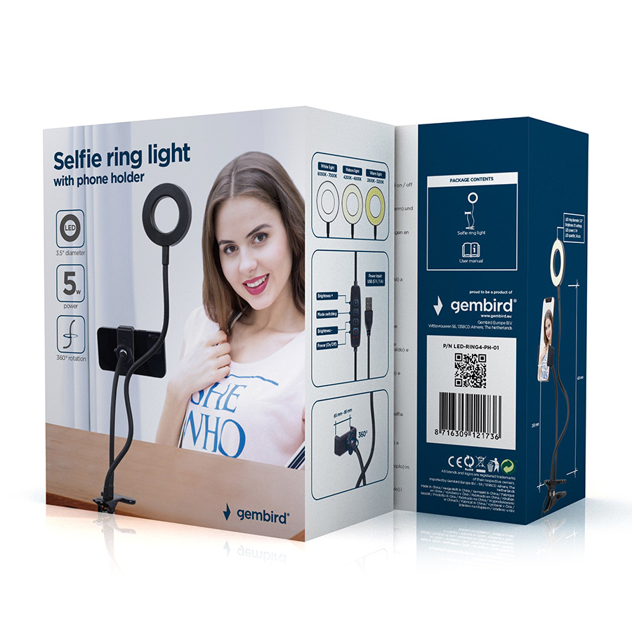 LED Ring GEMBIRD, Selfie ring light with phone holder, LED-RING4-PH-01 - Image 6