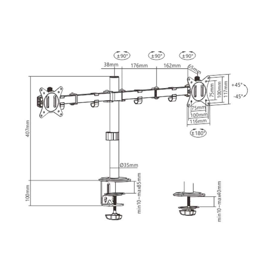 NOSAČ ZA DVA MONITORA GEMBIRD MA-D2-01, montaža na stol, (rotate, tilt, swivel), 17”-32”, up to 9 kg - Image 5