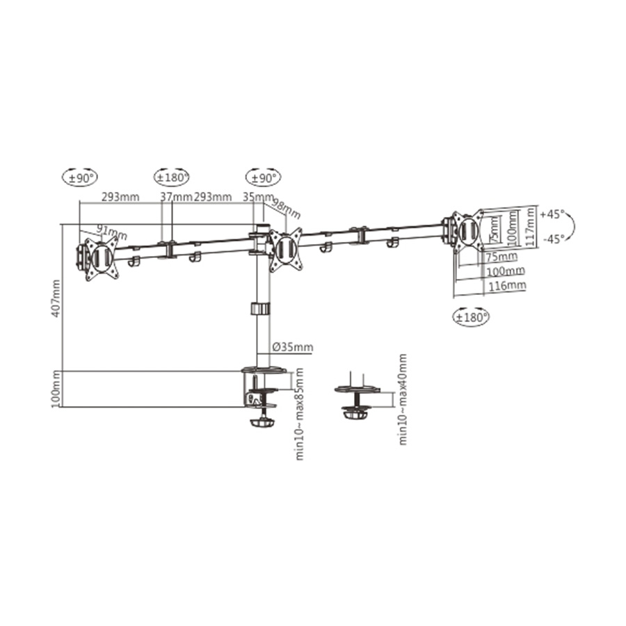 NOSAČ ZA TRI MONITORA GEMBIRD MA-D3-01, montaža na stol, (rotate, tilt, swivel), 17”-27”, up to 7 kg - Image 5