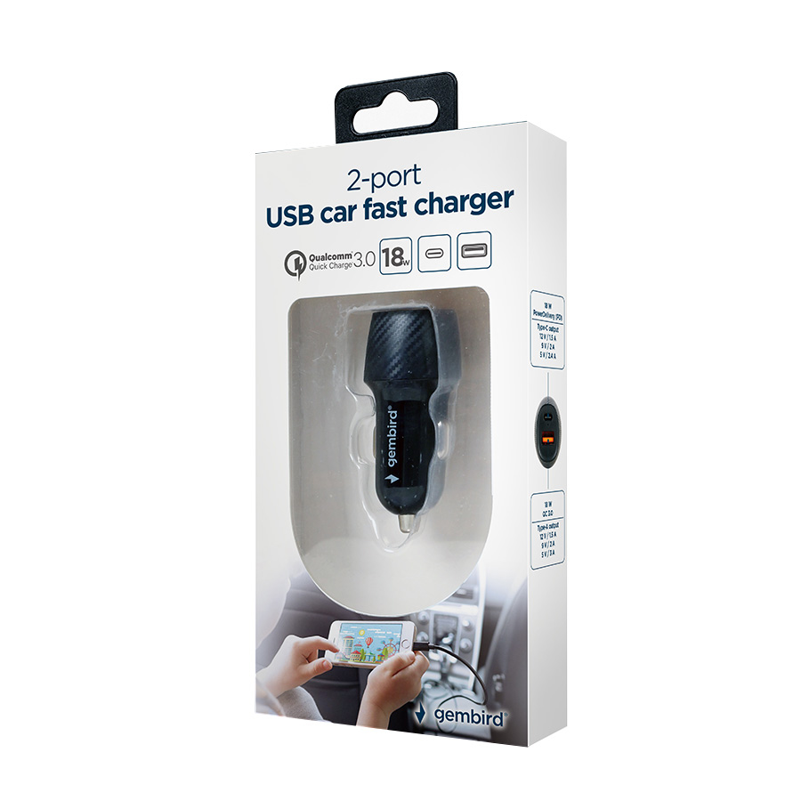 USB punjač za auto GEMBIRD, fast charger 2-port USB-A + Type-C PD, 18 W, black, TA-U2QC3-CAR-02 - Image 10