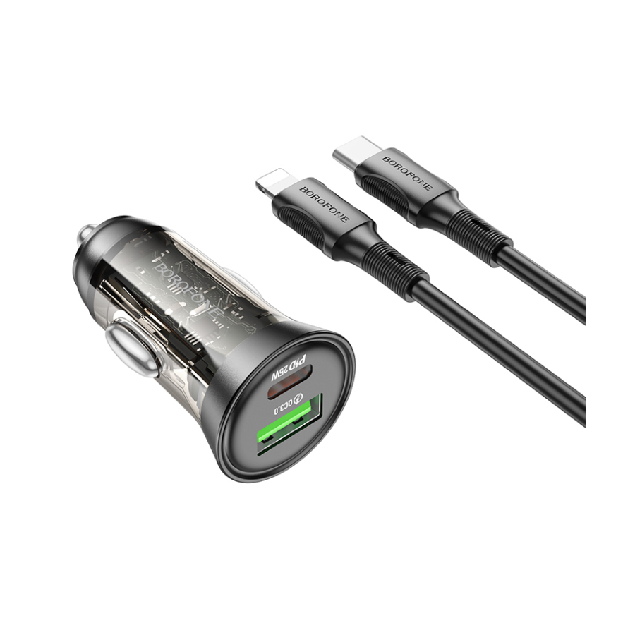 Auto Punjač sa kablom 1m Type-C to iPhone/lightning BOROFONE BZ26A Shadow PD43W USB + Type-C car set transparent black - Image 2