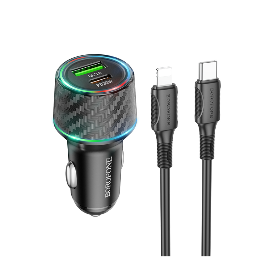 Auto Punjač sa kablom 1m Type-C to iPhone/lightning BOROFONE BZ21 Brilliant 48W dual port PD30W+QC3.0 USB + Type-C car set black - Image 2
