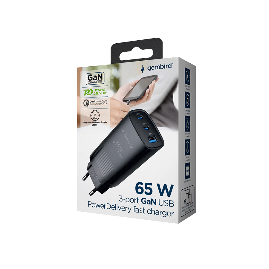 USB punjač 2xType-C + 1xUSB-A fast charger, 65W PD, back GEMBIRD, TA-UC-PDQC65-01-BK - Image 10
