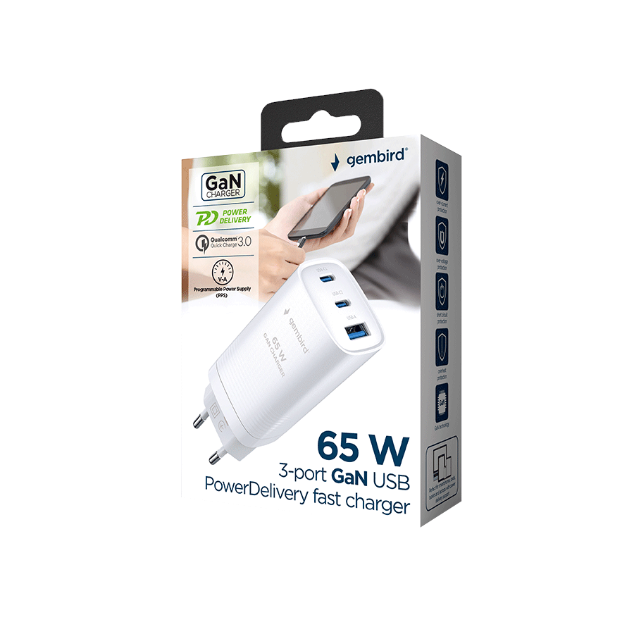 USB punjač 2xType-C + 1xUSB-A fast charger, 65W PD, white GEMBIRD, TA-UC-PDQC65-01-W - Image 10