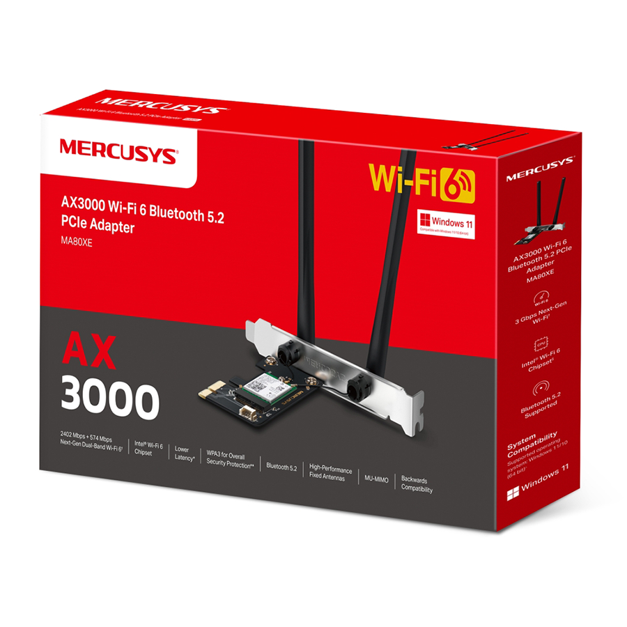 Mercusys PCI Express adapter, MA80XE AX3000 Dual-Band Wi-Fi 6 Bluetooth, 2402 Mbps na 5 GHz + 574 Mbps na 2,4 GHz, 2× High Gin Dual-Band eksterne ante - Image 4