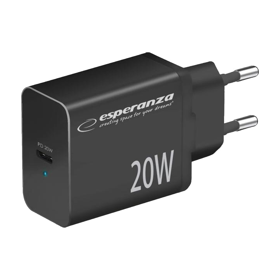 USB punjač Type-C fast charger, ESPERANZA QUICK POWER CHARGER 20W USB-C PD, BLACK, EZC104K - Image 4