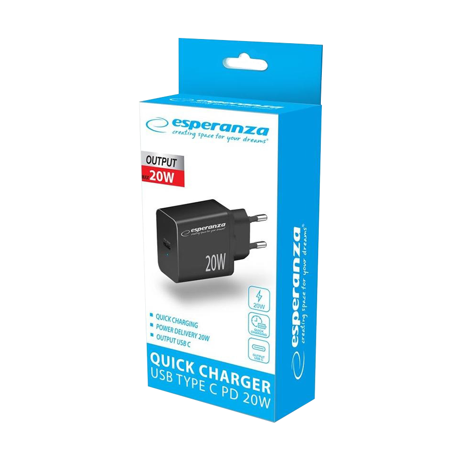 USB punjač Type-C fast charger, ESPERANZA QUICK POWER CHARGER 20W USB-C PD, BLACK, EZC104K - Image 6