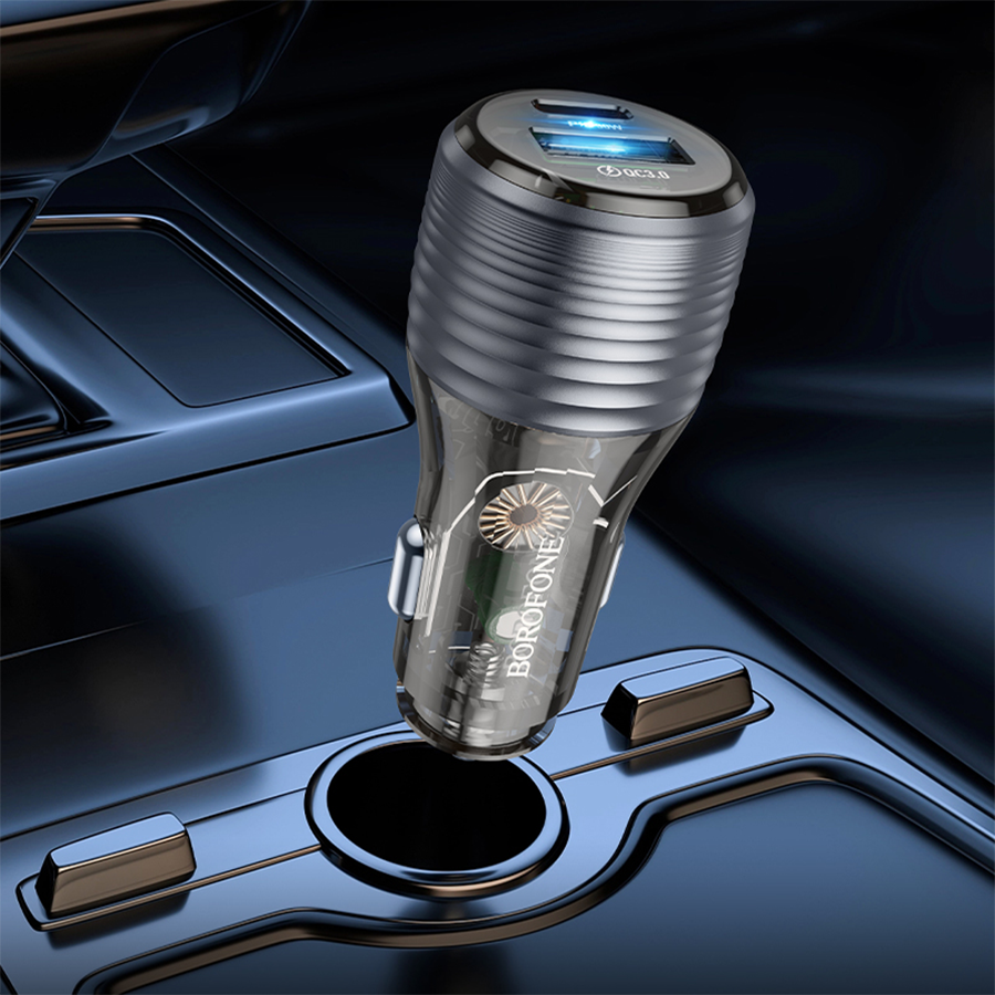 Auto Punjač sa kablom 1m Type-C to Type-C BOROFONE BZ30 Absolute PD30W+QC3.0 car charger set USB + Type-C, transparent black - Image 16