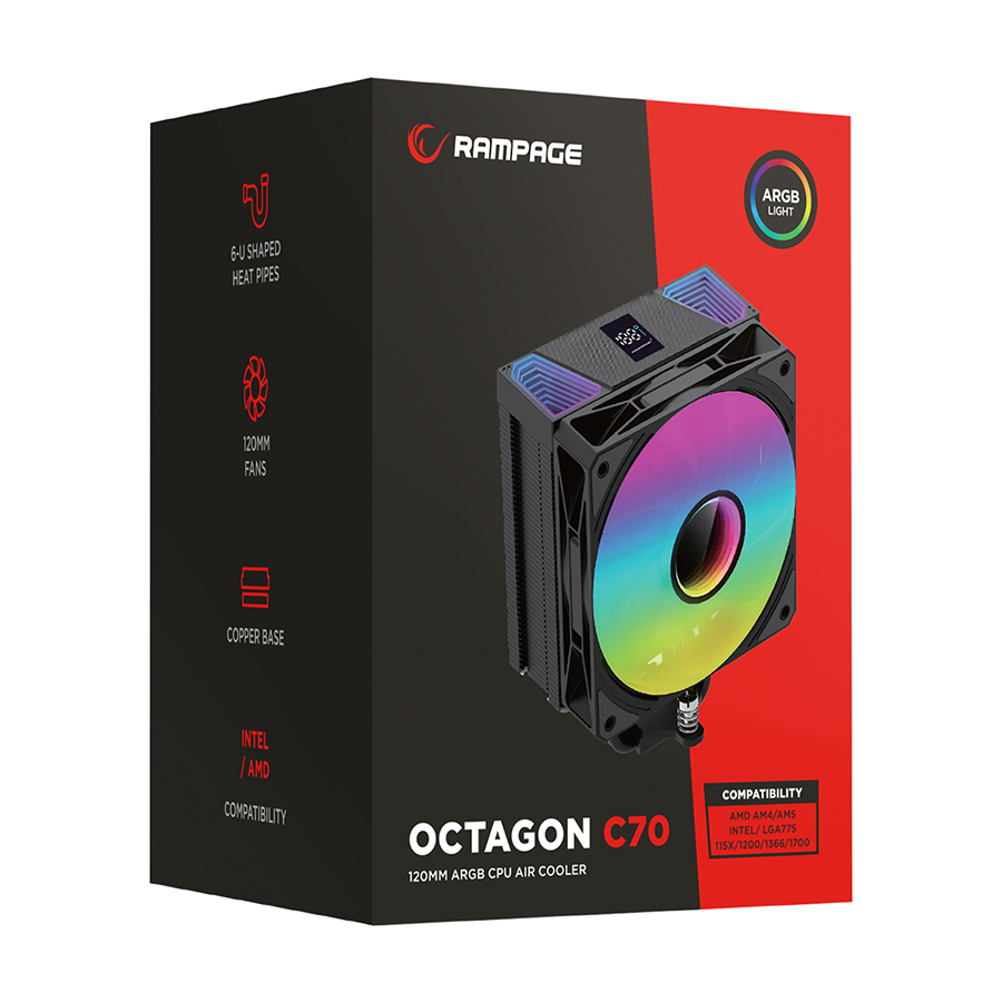 CPU hladnjak RAMPAGE OCTAGON C70 White 63CFM 12cm ARGB Temperature Display AM5/LGA1700 Compatible Air Cooled CPU Fan 41403 - Image 10
