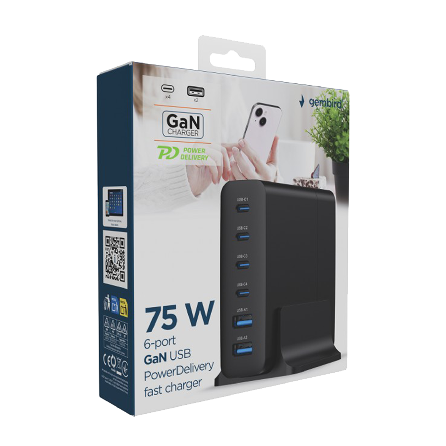 Power station USB brzi/quick punjač GEMBIRD, 6-port 75W GaN USB fast charger, black, Type-C, USB, TA-UC-2A4C-PD75-01-BK - Image 13