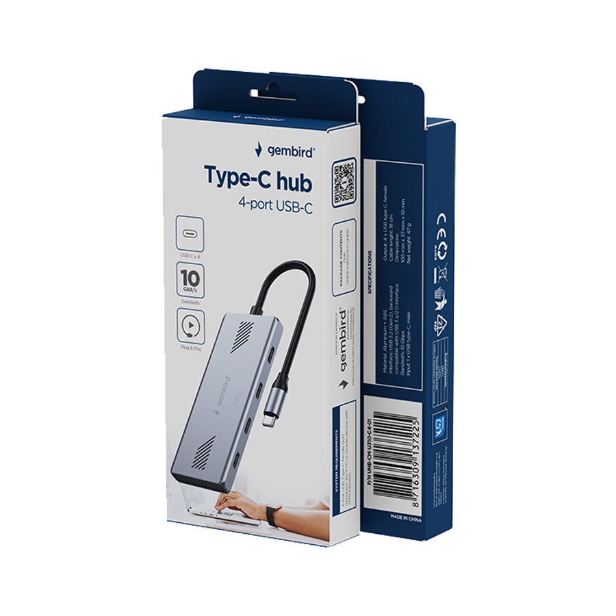 USB HUB GEMBIRD Type-C to Type-C, 4-port USB-C 3.2 (Gen 2) Type-C hub, UHB-CM-U310-C4-01 - Image 8