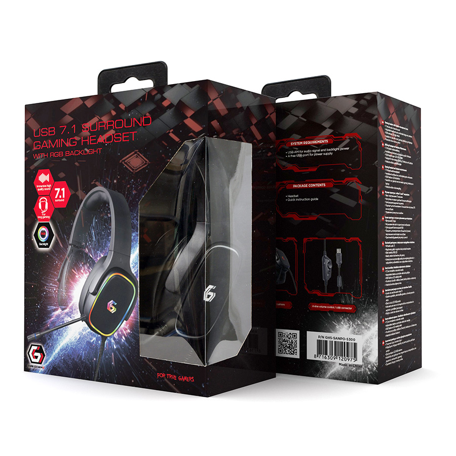 Slušalice sa mikrofonom GEMBIRD gaming, 7.1 Surround Headset with RGB backlight, 2 pcs x 3.5 mm plug (input + mic), USB-LEDt power, GHS-SANPO-S300 - Image 6