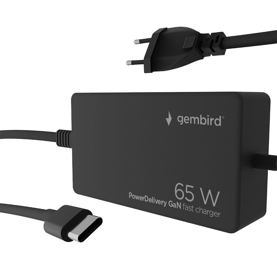 AC ADAPTER univerzalni za notebok GEMBIRD 65W PowerDelivery GaN USB, Type-C fast charger, black, NPA-AC-PDQC65-01