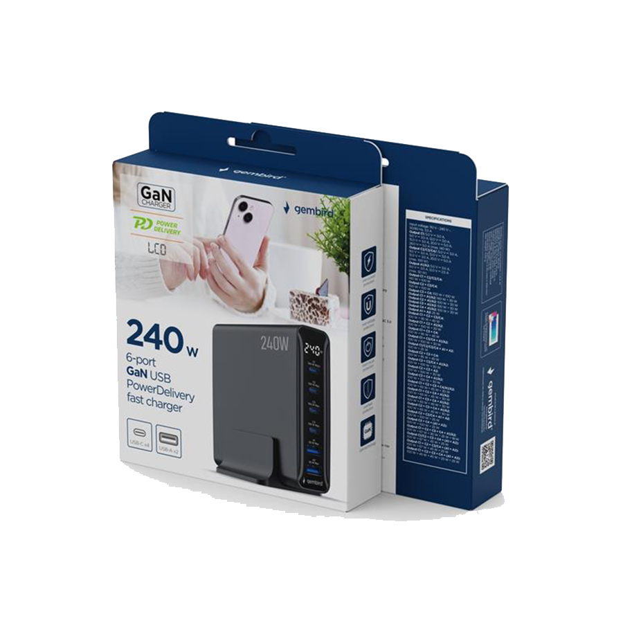Power station USB brzi/quick punjač GEMBIRD, 6-port 240 W GaN USB fast charger, black, TA-UC-2A4C-PD240-01-BK - Image 4