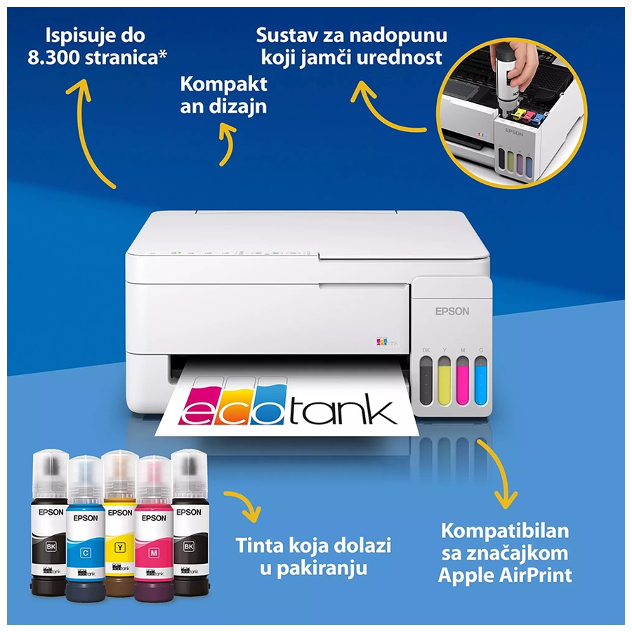 Printer EPSON EcoTank L3356 print/scan/copy Rez.5.760 x1.440 dpi. 33str/min Monokrom.15str/min Colour. USB, LAN.WiFi. Boja bijela. tinte br.103 - Image 2