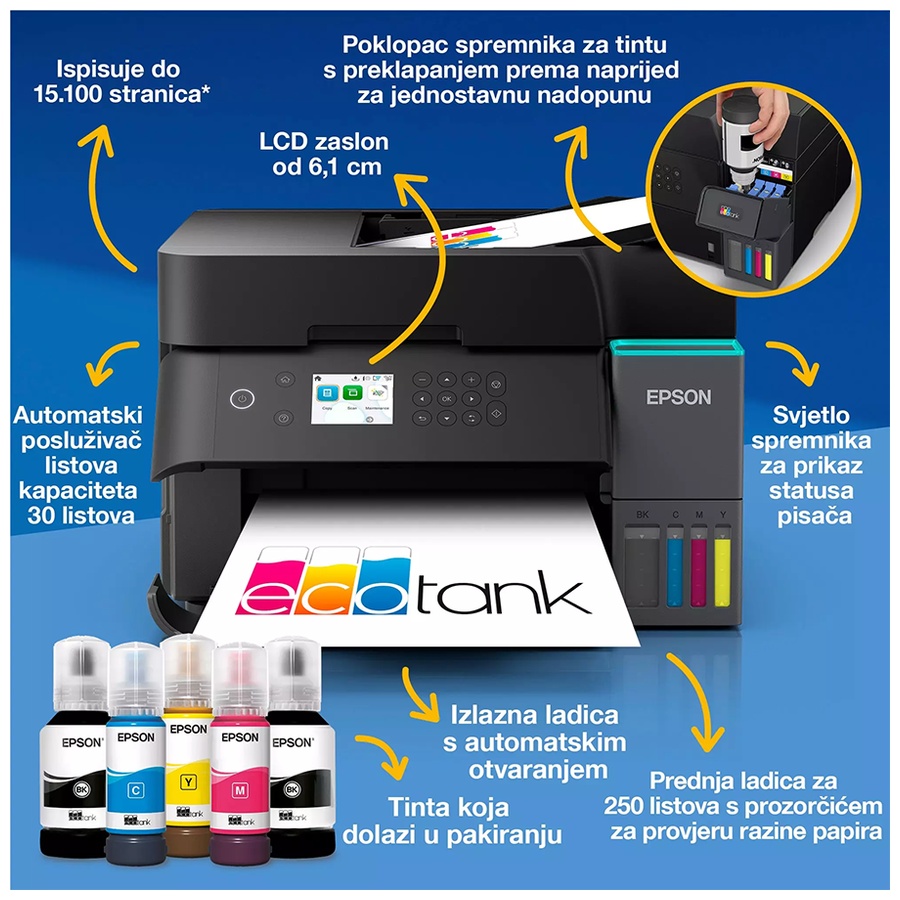 Printer EPSON EcoTank L6370 print/scan/copy/ 35str/min crno-bijelo.23str/min boja. 4800x1200 dpi. ADF, Duplex(scan, copy). WiFi. Crni. Tinte 101 - Image 2