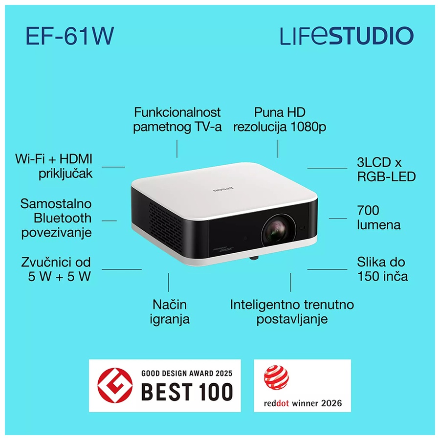 Projektor Epson Lifestudio Pop EF-61W. 3LCD.Laser Full HD. Android TV. 700 lumena, Sound by Bose, Google TV, prijenosni, Sound by Bose, Google TV. - Image 2